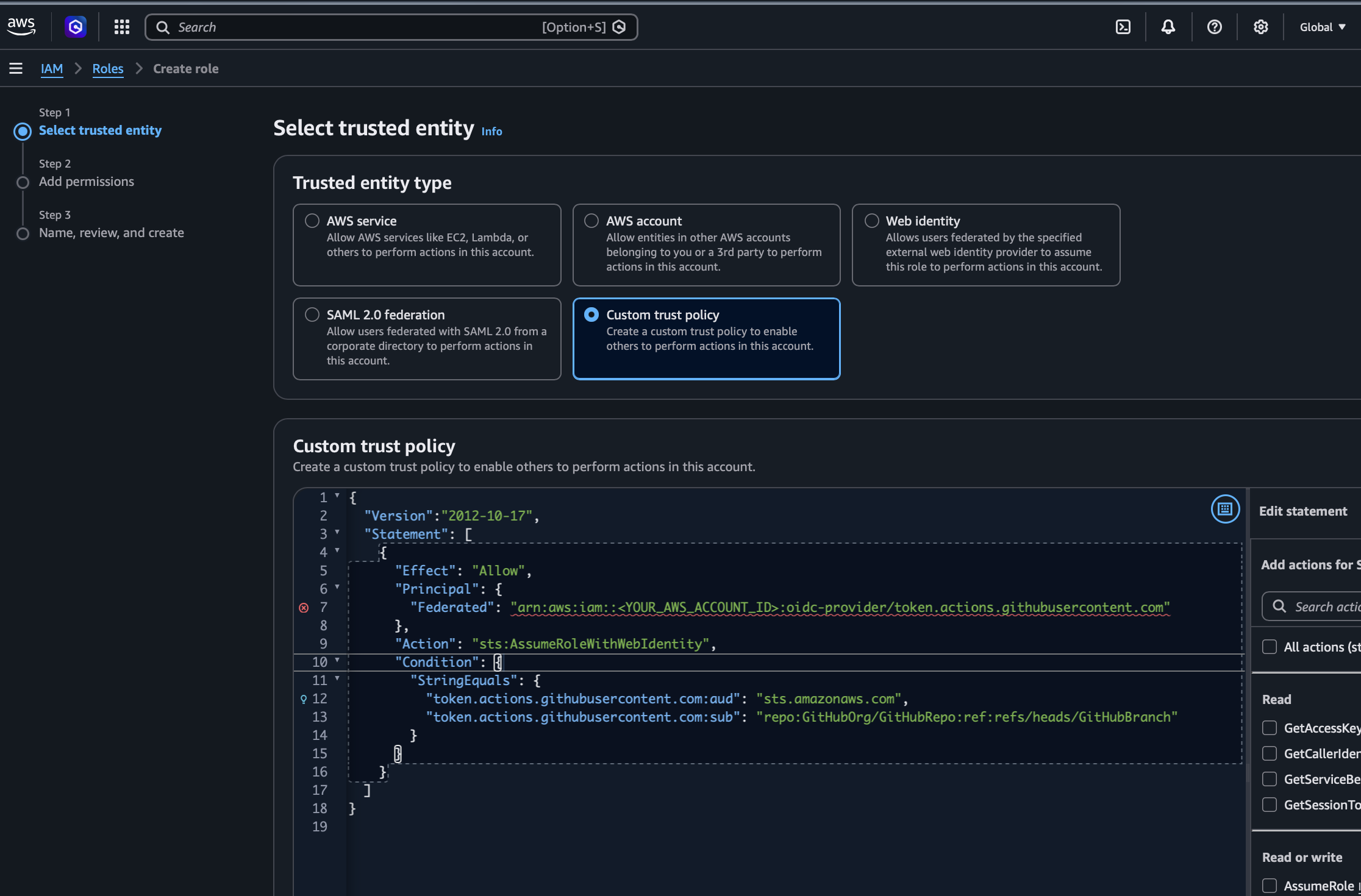 AWS IAM Role creation screen with OIDC trust configuration
