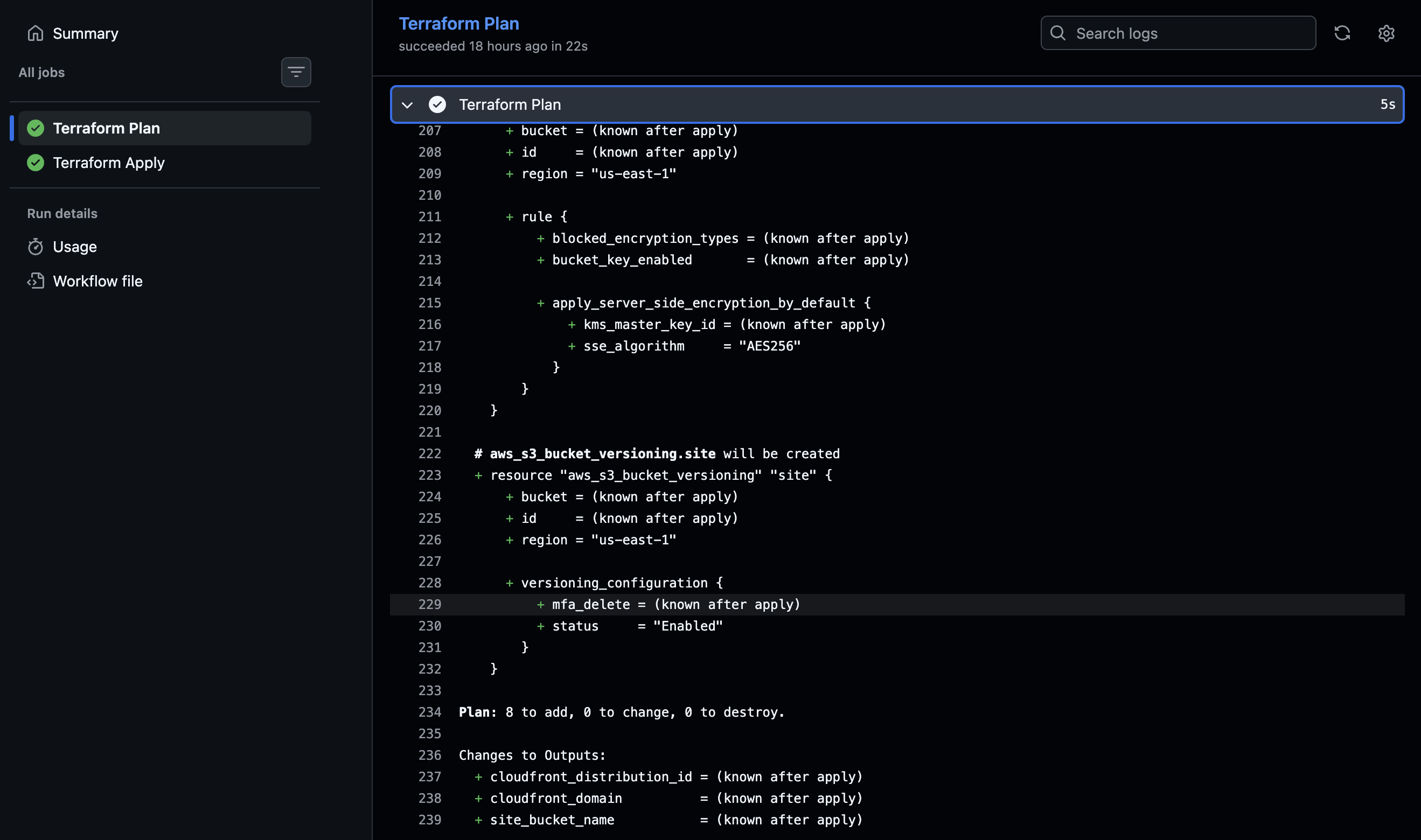 GitHub Actions workflow showing Terraform plan output