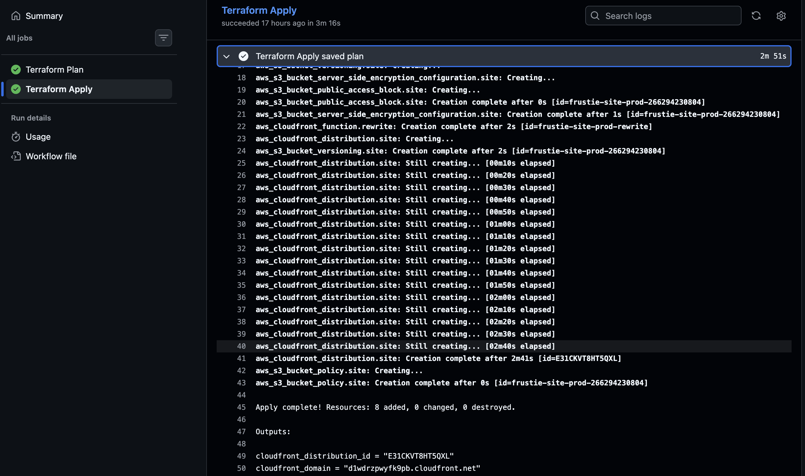 GitHub Actions workflow showing Terraform apply execution