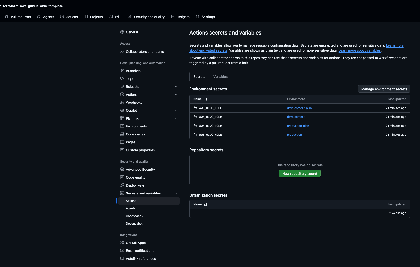 GitHub Actions environment variables configuration showing AWS_OIDC_ROLE per environment