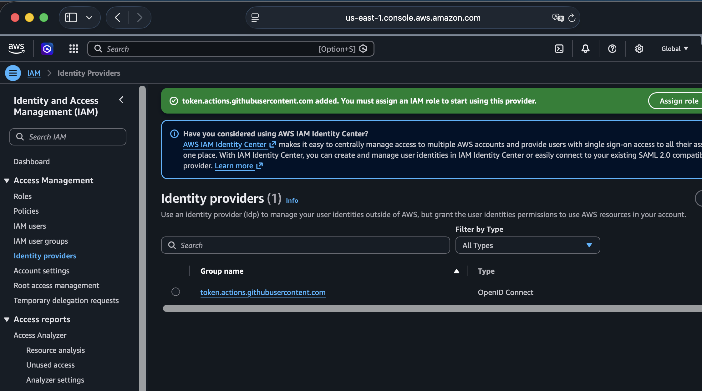 AWS IAM Identity Providers list showing GitHub Actions configured