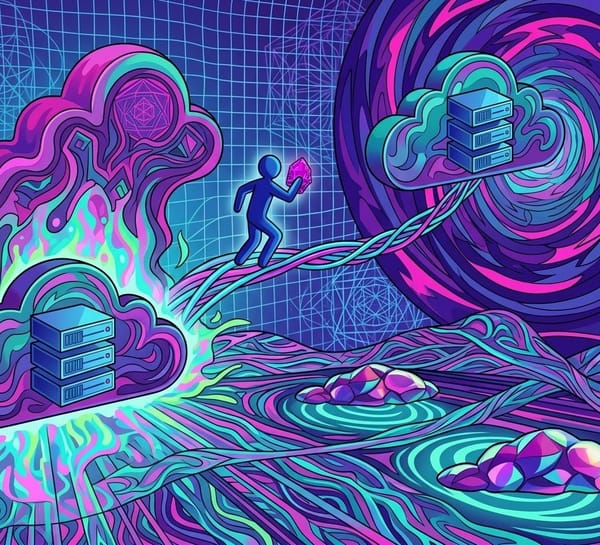 Psychedelic illustration of a blue figure running on an energy path between cloud servers in a cosmic landscape.